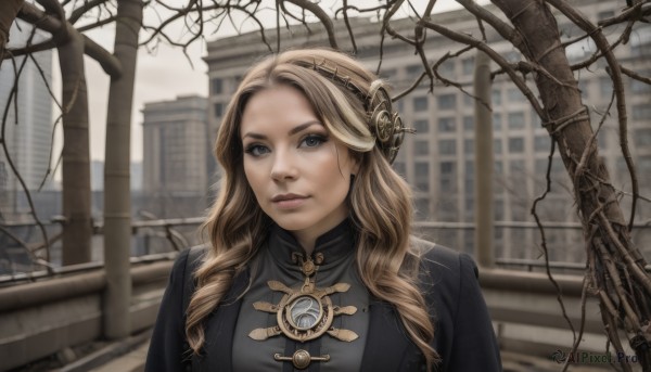 1girl,solo,long hair,looking at viewer,blue eyes,blonde hair,hair ornament,jewelry,closed mouth,upper body,hairband,outdoors,blurry,tree,lips,grey eyes,blurry background,building,forehead,curly hair,city,realistic,ruins,stairs,bare tree