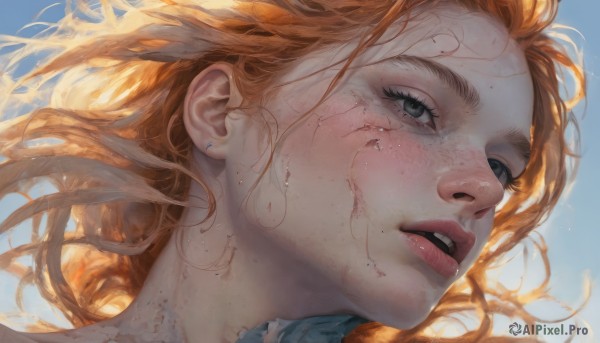 1girl,solo,long hair,open mouth,blue eyes,jewelry,earrings,parted lips,sky,teeth,day,orange hair,mole,blue sky,lips,grey eyes,eyelashes,blood,floating hair,blue background,looking up,portrait,freckles,injury,blood on face,realistic,nose,mole on cheek,looking at viewer,green eyes,wind,close-up,dirty,dirty face