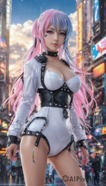 1girl,solo,long hair,breasts,looking at viewer,bangs,large breasts,long sleeves,cleavage,twintails,brown eyes,medium breasts,closed mouth,standing,pink hair,thighs,multicolored hair,cowboy shot,outdoors,sky,choker,artist name,cloud,nail polish,blurry,collar,two-tone hair,leotard,lips,makeup,depth of field,blurry background,facial mark,building,corset,rain,city,realistic,white leotard,underbust,cyberpunk,white hair,headphones,zipper,car,street