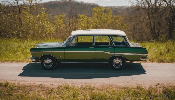 A motor vehicle surrounded by a serene day