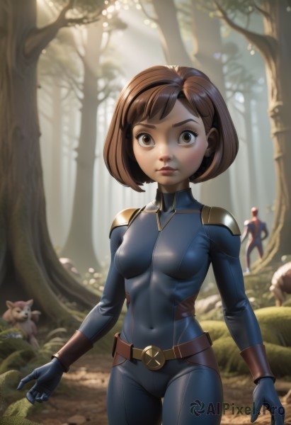 1girl,breasts,looking at viewer,short hair,bangs,brown hair,gloves,1boy,brown eyes,closed mouth,standing,cowboy shot,hairband,small breasts,outdoors,solo focus,day,belt,artist name,blurry,covered nipples,tree,lips,bodysuit,covered navel,blurry background,turtleneck,sunlight,bob cut,nature,skin tight,forest,mushroom,superhero,blue bodysuit,solo,animal,dog,nose