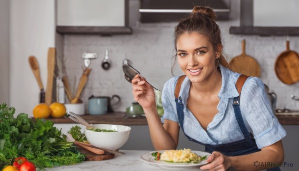 1girl,solo,breasts,looking at viewer,smile,open mouth,brown hair,shirt,holding,brown eyes,white shirt,upper body,short sleeves,food,teeth,striped,collared shirt,indoors,hair bun,grin,blurry,lips,depth of field,blurry background,phone,single hair bun,suspenders,cellphone,blue shirt,knife,plate,bowl,striped shirt,realistic,spoon,fork,holding knife,overalls,carrot,cooking,ladle,kitchen,tomato,vegetable,lettuce,potato,cutting board,salad,apron,fruit,table,unbuttoned,spatula,onion,radish