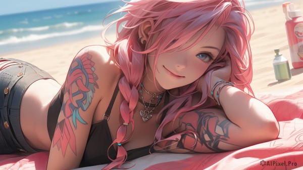 1girl,solo,long hair,breasts,looking at viewer,blush,smile,bangs,blue eyes,large breasts,cleavage,bare shoulders,jewelry,medium breasts,closed mouth,swimsuit,pink hair,ass,braid,heart,bikini,earrings,outdoors,lying,shorts,choker,day,midriff,pants,water,necklace,hair over one eye,blurry,bracelet,lips,crop top,eyelashes,tattoo,makeup,depth of field,blurry background,ocean,beach,bottle,denim,on stomach,towel,hair over shoulder,side braid,hand on own face,denim shorts,head rest,jeans,pink lips,sand,bangle,stud earrings,shade,arm tattoo,shoulder tattoo,mascara,beach towel,multicolored hair,sky,twin braids,head tilt,short shorts,arm support,piercing,ear piercing,camisole,can,horizon