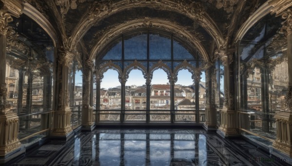 outdoors,sky,day,cloud,indoors,water,blue sky,no humans,window,sunlight,building,scenery,reflection,stairs,city,railing,architecture,bridge,pillar,church,arch,column,star (sky),cityscape,reflective floor