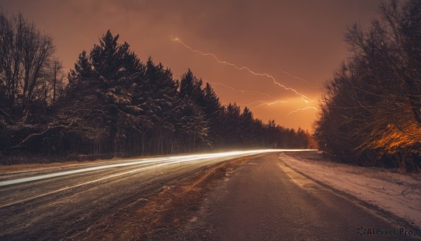 outdoors,sky,cloud,tree,no humans,grass,nature,scenery,forest,sunset,electricity,road,bare tree,lightning,path,cloudy sky,mountain,landscape