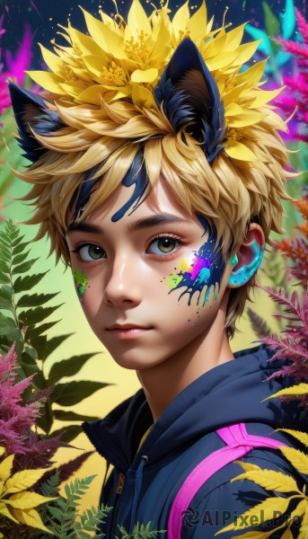 solo,looking at viewer,short hair,bangs,blonde hair,hair ornament,1boy,animal ears,brown eyes,closed mouth,green eyes,yellow eyes,upper body,flower,male focus,multicolored hair,artist name,cat ears,hair flower,hood,blurry,lips,eyelashes,hoodie,leaf,facial mark,thick eyebrows,hood down,plant,portrait,extra ears,zipper,freckles,realistic,yellow flower,nose,facepaint,brown hair,fake animal ears,sunflower,paint splatter,paint