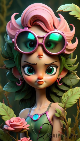 1girl,solo,long hair,breasts,looking at viewer,blush,bare shoulders,jewelry,green eyes,collarbone,upper body,pink hair,flower,multicolored hair,earrings,small breasts,green hair,artist name,signature,lips,eyelashes,makeup,rose,leaf,watermark,plant,lipstick,monster girl,goggles,web address,eyewear on head,pink flower,camisole,goggles on head,vines,pink rose,plant girl,blue eyes,two-tone hair,sunglasses,tank top,freckles