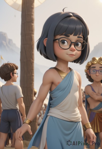 1girl,looking at viewer,smile,short hair,bangs,blue eyes,multiple girls,blonde hair,brown hair,shirt,black hair,1boy,bare shoulders,brown eyes,jewelry,closed mouth,nipples,white shirt,ahoge,outdoors,multiple boys,glasses,shorts,sleeveless,solo focus,day,2boys,blurry,black eyes,flat chest,bracelet,lips,loli,blurry background,holding hands,3boys,black-framed eyewear,round eyewear,breasts,standing,collarbone,small breasts,sky,artist name,blunt bangs,crossed arms,bob cut,child,female child,male child