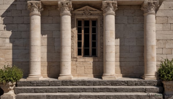 outdoors,day,no humans,window,shadow,sunlight,plant,building,scenery,stairs,door,potted plant,pillar,statue,arch,column,stone stairs,tree,bush,architecture