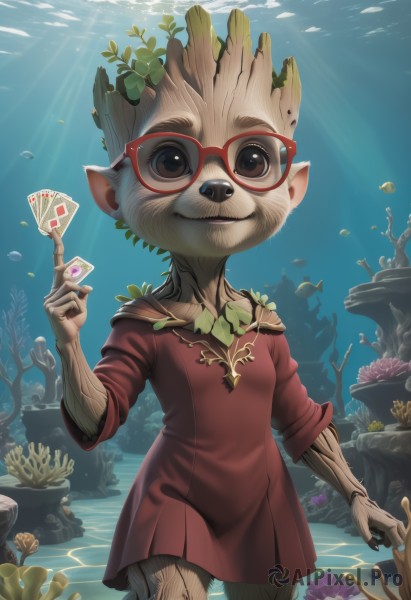 1girl,solo,looking at viewer,smile,dress,holding,animal ears,brown eyes,standing,glasses,water,animal,red dress,sunlight,plant,furry,fish,red-framed eyewear,light rays,underwater,card,furry female,playing card,holding card,coral,seaweed,pointy ears,no humans,leaf,rock,air bubble,mushroom