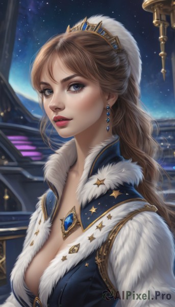 1girl,solo,long hair,breasts,looking at viewer,blue eyes,large breasts,brown hair,hair ornament,cleavage,jewelry,medium breasts,upper body,earrings,parted lips,sky,signature,necklace,star (symbol),vest,lips,fur trim,makeup,night,crown,lipstick,gem,star (sky),night sky,starry sky,realistic,nose,red lips,bangs,dress,eyelashes,tiara