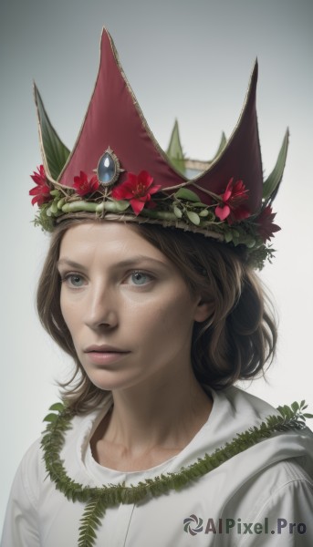 1girl,solo,short hair,blue eyes,simple background,brown hair,hat,white background,jewelry,closed mouth,upper body,flower,lips,looking up,plant,gem,portrait,freckles,realistic,nose,witch hat,leaf,head wreath