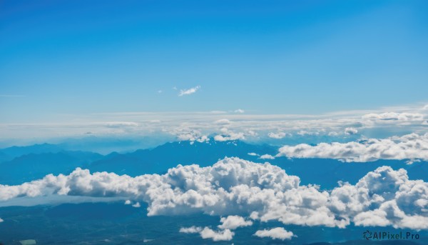 monochrome,outdoors,sky,day,cloud,signature,water,blue sky,no humans,ocean,cloudy sky,scenery,blue theme,mountain,horizon,landscape,mountainous horizon,island