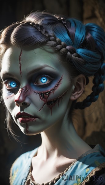 1girl,solo,looking at viewer,blue eyes,black hair,dress,jewelry,blue hair,collarbone,braid,multicolored hair,earrings,parted lips,teeth,blurry,two-tone hair,lips,eyelashes,blood,makeup,blurry background,blue dress,glowing,colored skin,scar,lipstick,portrait,glowing eyes,veins,injury,blood on face,nose,red lips,stitches,mascara,cracked skin,hair ornament,closed mouth,artist name,necklace,watermark,facial mark,piercing,pale skin,freckles,realistic,facepaint