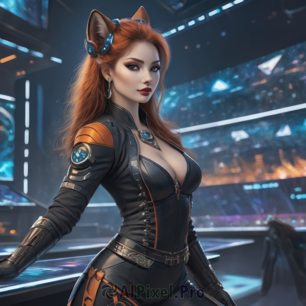 1girl,solo,long hair,breasts,looking at viewer,large breasts,brown hair,hair ornament,gloves,animal ears,cleavage,brown eyes,jewelry,medium breasts,cowboy shot,earrings,parted lips,black gloves,belt,artist name,cat ears,necklace,orange hair,mole,blurry,lips,fox ears,bodysuit,makeup,blurry background,lipstick,ground vehicle,pendant,zipper,freckles,black bodysuit,red lips,red hair,fake animal ears,realistic