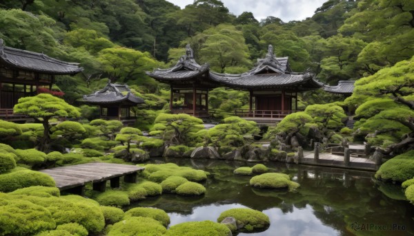 outdoors,sky,day,cloud,water,tree,no humans,grass,building,nature,scenery,forest,rock,architecture,house,bridge,east asian architecture,river,landscape,shrine,pond,reflection,lily pad,stone lantern