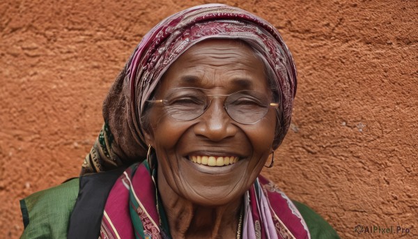 solo,smile,1boy,hat,jewelry,closed eyes,upper body,male focus,glasses,teeth,dark skin,grin,portrait,facing viewer,meme,realistic,round eyewear,old,old woman,wrinkled skin,eyewear strap