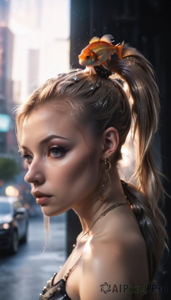 1girl,solo,long hair,breasts,blue eyes,blonde hair,brown hair,hair ornament,cleavage,bare shoulders,jewelry,collarbone,upper body,ponytail,earrings,outdoors,parted lips,artist name,necklace,mole,blurry,black eyes,from side,lips,grey eyes,eyelashes,makeup,depth of field,blurry background,animal,ground vehicle,motor vehicle,forehead,freckles,fish,hoop earrings,realistic,nose,on head,car,animal on head,mascara,goldfish,black hair,mole under mouth