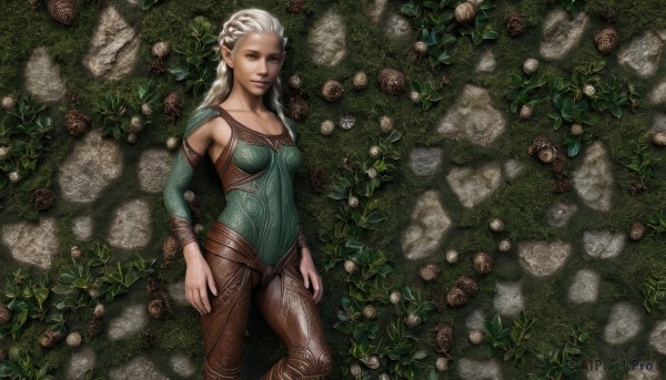 1girl,solo,long hair,breasts,looking at viewer,blonde hair,cleavage,medium breasts,standing,braid,white hair,detached sleeves,pointy ears,lips,sideboob,leaf,elf,nature,realistic,blue eyes,collarbone,flower,lying,pants,armor,from above,plant