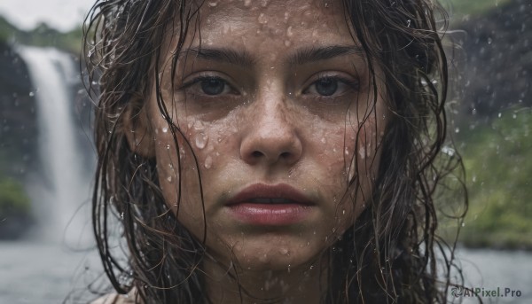 1girl, solo, long hair, looking at viewer, black hair, outdoors, parted lips, water, blurry, black eyes, lips, wet, depth of field, blurry background, messy hair, portrait, close-up, water drop, realistic, nose, wet hair