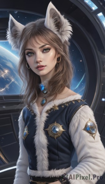 1girl,solo,long hair,looking at viewer,brown hair,long sleeves,animal ears,brown eyes,jewelry,yellow eyes,upper body,earrings,choker,belt,cat ears,necklace,lips,animal ear fluff,fur trim,fox ears,makeup,gem,realistic,nose,space,planet,earth (planet),spacecraft,bangs,parted lips,vest,hand on hip,eyelashes,wolf ears,hoop earrings