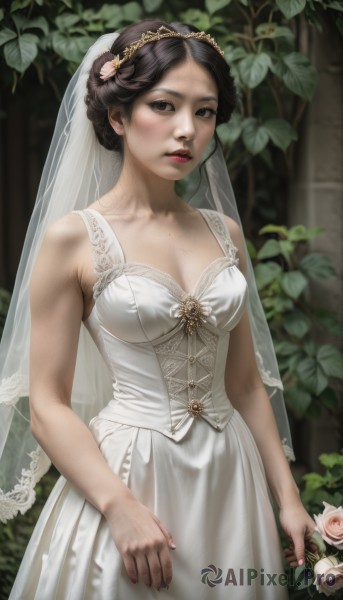 1girl,solo,breasts,looking at viewer,brown hair,black hair,hair ornament,dress,holding,cleavage,bare shoulders,brown eyes,jewelry,medium breasts,weapon,flower,parted lips,sleeveless,hair flower,hair bun,holding weapon,white dress,black eyes,lips,rose,leaf,tiara,plant,nature,veil,corset,bouquet,wedding dress,realistic,nose,bridal veil,bride,short hair,bangs,standing,collarbone,outdoors,bare arms,makeup,sleeveless dress,white flower,pink flower,freckles,red lips,white rose,pink rose