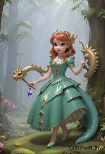 1girl,solo,long hair,breasts,looking at viewer,smile,bangs,brown hair,hair ornament,dress,holding,cleavage,jewelry,medium breasts,green eyes,standing,full body,weapon,flower,short sleeves,red hair,small breasts,outdoors,parted lips,shoes,teeth,day,puffy sleeves,artist name,necklace,holding weapon,orange hair,high heels,tree,puffy short sleeves,lips,makeup,swept bangs,watermark,sunlight,grass,tiara,plant,gem,nature,pink flower,forest,green dress,shield,blue footwear,light rays,green footwear,aqua dress,blush,tail,dragon