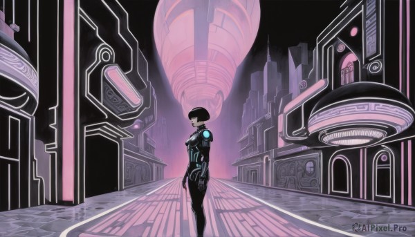 1girl,solo,looking at viewer,short hair,black hair,1boy,standing,from side,bodysuit,building,science fiction,city,black bodysuit,wide shot,neon trim,cyberpunk,breasts,spot color,limited palette