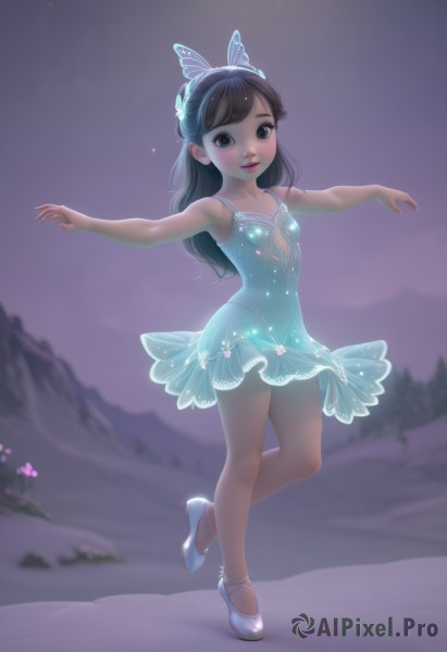 1girl,solo,long hair,breasts,looking at viewer,blush,smile,bangs,blue eyes,brown hair,black hair,hair ornament,dress,bare shoulders,brown eyes,standing,full body,hairband,small breasts,outdoors,shoes,blurry,lips,see-through,night,blurry background,blue dress,short dress,white footwear,standing on one leg,outstretched arms,spread arms,butterfly hair ornament,ballerina,ballet slippers,ballet,tutu,skirt,pantyhose,high heels,leotard,leg up,child,female child,blue leotard,dancing,ice skates