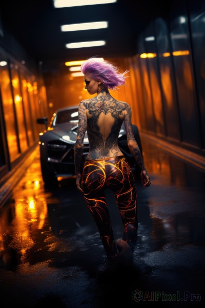 1girl,solo,looking at viewer,short hair,jewelry,underwear,standing,panties,pink hair,purple hair,ass,earrings,barefoot,looking back,pants,dark skin,from behind,blurry,dark-skinned female,tattoo,makeup,night,back,topless,ground vehicle,motor vehicle,reflection,walking,thong,car,road,arm tattoo,back tattoo,full-body tattoo,lips,hand on hip,depth of field,lipstick,wind,nose,very short hair,undercut,hair slicked back