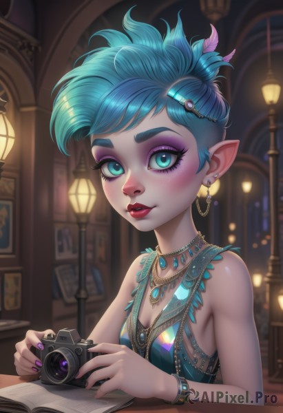 1girl,solo,breasts,looking at viewer,blush,smile,short hair,bangs,blue eyes,hair ornament,dress,holding,cleavage,bare shoulders,jewelry,medium breasts,closed mouth,green eyes,blue hair,upper body,multicolored hair,earrings,small breasts,parted lips,sleeveless,pointy ears,hairclip,shiny,artist name,indoors,signature,necklace,nail polish,blurry,shiny hair,bracelet,aqua eyes,lips,fingernails,book,bare arms,eyelashes,aqua hair,makeup,sleeveless dress,depth of field,blurry background,blue dress,swept bangs,piercing,table,thick eyebrows,feathers,lipstick,elf,gem,ear piercing,web address,pendant,eyeshadow,blue nails,freckles,long fingernails,beads,asymmetrical hair,lantern,open book,nose,camera,purple nails,red lips,lamp,eyeliner,feather hair ornament,lamppost,bead necklace,bokeh,mascara,holding camera,green gemstone,teeth,watermark,pink lips