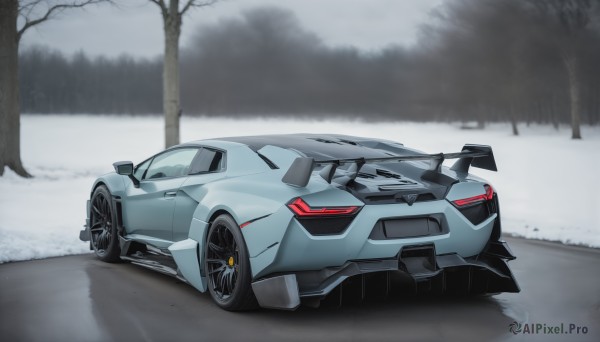 HQ,solo,outdoors,tree,no humans,ground vehicle,nature,motor vehicle,snow,forest,car,road,winter,vehicle focus,bare tree,wheel,sports car,reflection