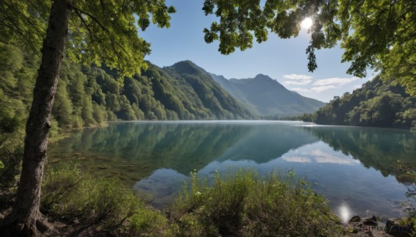 outdoors,sky,day,cloud,water,tree,blue sky,no humans,sunlight,grass,nature,scenery,forest,reflection,rock,mountain,sun,river,landscape,lake,reflective water