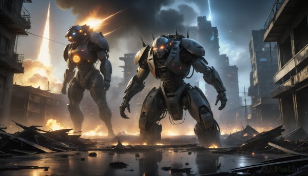 HQ,standing,outdoors,sky,cloud,armor,military,no humans,glowing,fire,robot,building,mecha,glowing eyes,smoke,science fiction,city,realistic,military vehicle,cityscape,giant,explosion,power lines,damaged,alien,power armor,debris,destruction,radio antenna,sparks,kaijuu,water,cloudy sky,reflection,rain,battle,ruins,super robot,arm blade