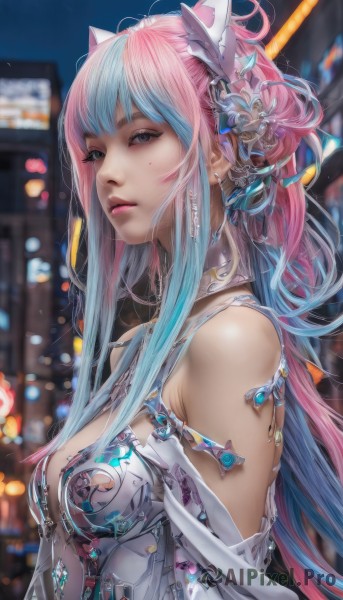 1girl,solo,long hair,breasts,looking at viewer,bangs,blue eyes,hair ornament,animal ears,cleavage,bare shoulders,jewelry,medium breasts,closed mouth,blue hair,upper body,pink hair,multicolored hair,earrings,mole,blurry,two-tone hair,lips,mole under eye,gradient hair,makeup,night,blurry background,fake animal ears,realistic,sidelocks,small breasts,outdoors,artist name,armor,from side,streaked hair,eyelashes,depth of field,watermark,facial mark,expressionless,piercing,gem,web address,armlet,eyeshadow,science fiction,pink lips,nose,eyeliner,bokeh,mascara