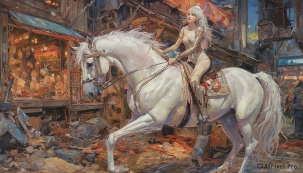 1girl,long hair,breasts,holding,animal ears,cleavage,jewelry,medium breasts,weapon,white hair,boots,outdoors,multiple boys,solo focus,sword,holding weapon,armor,high heels,animal,polearm,armlet,fantasy,riding,horse,crowd,horseback riding,people,reins,saddle,solo,gun,scenery,city,road,street,banner,storefront