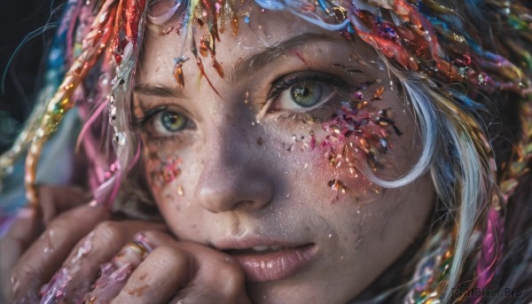 1girl,solo,looking at viewer,hair ornament,jewelry,green eyes,parted lips,blurry,lips,eyelashes,depth of field,blurry background,ring,own hands together,gem,portrait,close-up,freckles,realistic,nose,blue eyes