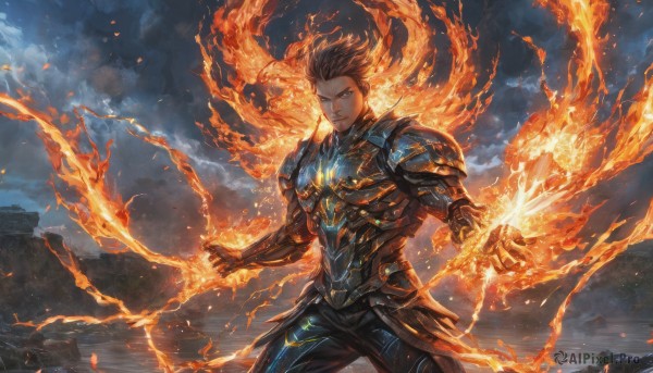 solo,looking at viewer,short hair,brown hair,1boy,holding,brown eyes,standing,weapon,male focus,cowboy shot,outdoors,sky,sword,cloud,holding weapon,armor,cloudy sky,fire,shoulder armor,pauldrons,hair slicked back,molten rock,flaming weapon,blue eyes,black hair,glowing,gauntlets,fantasy,magic,flaming sword