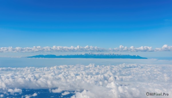 monochrome,outdoors,sky,day,cloud,water,blue sky,no humans,ocean,cloudy sky,nature,scenery,blue theme,mountain,horizon,cityscape,landscape,mountainous horizon,hill,above clouds,island