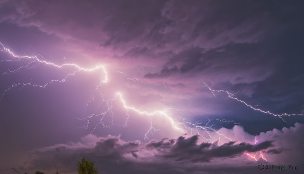 solo,outdoors,sky,cloud,no humans,cloudy sky,scenery,electricity,purple theme,lightning,landscape,tree,nature