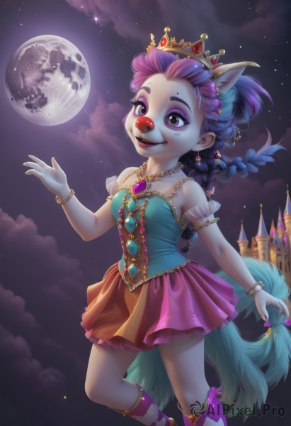 1girl,solo,long hair,breasts,looking at viewer,smile,open mouth,skirt,shirt,hair ornament,animal ears,bare shoulders,jewelry,blue hair,standing,purple eyes,tail,pink hair,purple hair,braid,short sleeves,:d,heart,multicolored hair,pleated skirt,earrings,small breasts,boots,outdoors,frills,sky,teeth,socks,artist name,cloud,hand up,signature,miniskirt,necklace,star (symbol),nail polish,twin braids,bracelet,two-tone hair,puffy short sleeves,lips,fingernails,kneehighs,eyelashes,gradient hair,makeup,night,facial mark,moon,leg up,standing on one leg,cloudy sky,frilled skirt,tiara,crown,lipstick,building,gem,star (sky),night sky,multicolored clothes,furry,forehead,full moon,armlet,eyeshadow,pink skirt,starry sky,beads,furry female,animal nose,castle,snout,furrification,clown,bow,alternate costume,sparkle,colored skin,piercing,wolf tail,horse tail,argyle,bangle,eyeliner,heart necklace,mascara