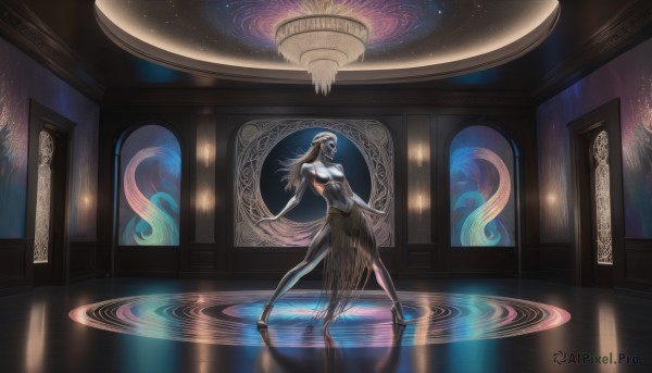 1girl,solo,long hair,breasts,black hair,dress,standing,full body,indoors,black dress,mask,reflection,dancing,magic circle,ripples,stained glass,reflective floor,blonde hair,bare shoulders,medium breasts,closed eyes,white hair,barefoot,water,colored skin,walking,blue skin,grey skin