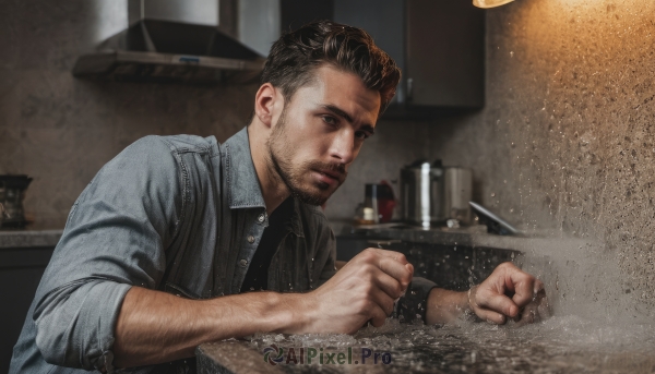 solo,short hair,brown hair,shirt,black hair,1boy,jacket,upper body,male focus,collared shirt,indoors,blurry,black eyes,black shirt,blurry background,facial hair,beard,sleeves rolled up,clenched hands,watch,realistic,stubble,wristwatch,manly,photo background,real life insert,arm hair,sink,denim jacket,closed mouth,open clothes,cup,dress shirt,blue shirt,undercut,partially unbuttoned,kitchen