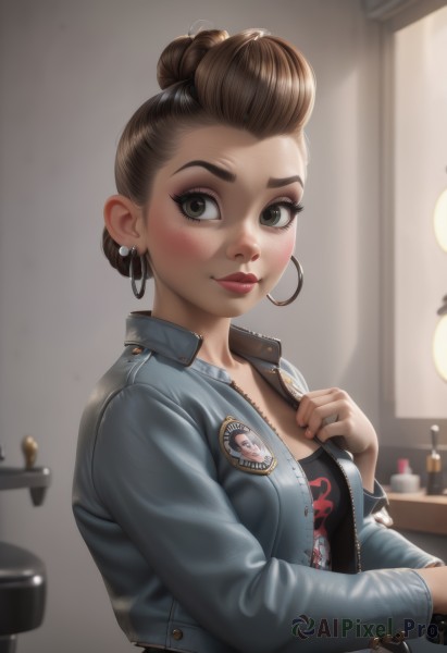 1girl,solo,breasts,looking at viewer,blush,smile,short hair,brown hair,shirt,long sleeves,brown eyes,jewelry,closed mouth,green eyes,jacket,upper body,earrings,small breasts,open clothes,artist name,indoors,hair bun,blurry,open jacket,lips,looking to the side,black shirt,eyelashes,makeup,blurry background,single hair bun,bottle,denim,lipstick,hand on own chest,clothes writing,eyeshadow,zipper,freckles,hoop earrings,nose,unzipped,red lips,eyeliner,leather,mascara,denim jacket,cleavage,medium breasts,blue jacket,casual,jeans,leather jacket,unzipping