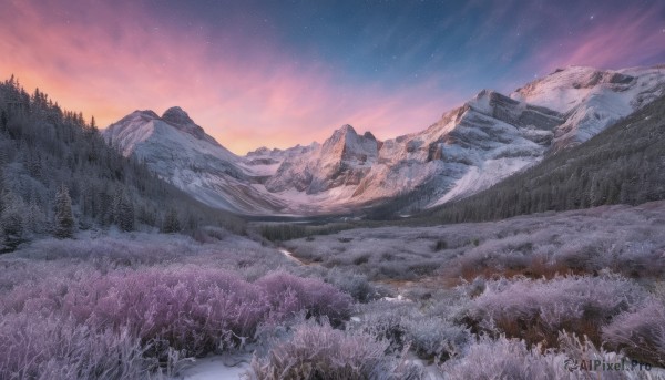 outdoors,sky,cloud,tree,no humans,night,grass,star (sky),nature,night sky,scenery,snow,forest,starry sky,sunset,mountain,field,twilight,evening,landscape,mountainous horizon,gradient sky,purple sky,traditional media,winter