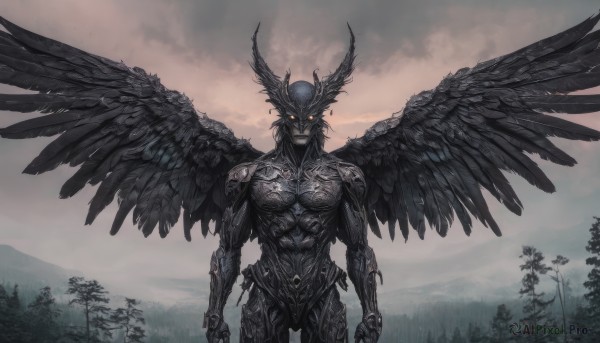 solo,looking at viewer,black hair,1boy,standing,yellow eyes,male focus,cowboy shot,outdoors,wings,horns,sky,cloud,armor,tree,orange eyes,glowing,cloudy sky,robot,glowing eyes,feathered wings,black wings,mountain,arms at sides,straight-on,multiple wings,muscular,abs,helmet,head wings,gauntlets,nature,grey skin