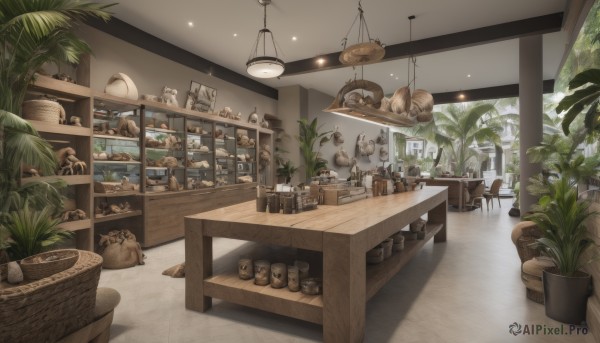 indoors,cup,no humans,window,chair,table,bottle,plant,scenery,plate,wooden floor,basket,potted plant,lamp,stool,shelf,jar,counter,ceiling light,tree,shadow,light,cafe