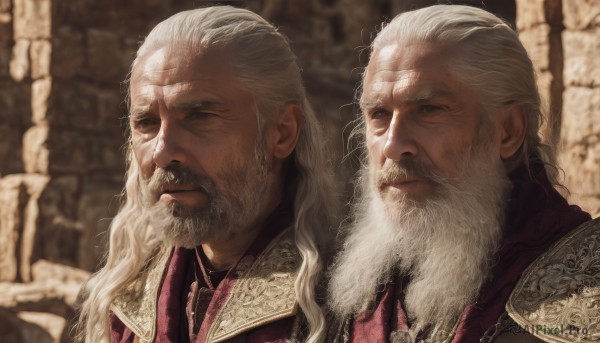 long hair,closed mouth,upper body,white hair,male focus,multiple boys,2boys,armor,blurry,looking at another,grey eyes,depth of field,blurry background,facial hair,scar,shoulder armor,portrait,beard,scar on face,realistic,mustache,manly,old,old man,wrinkled skin,solo,1boy,lips,scar across eye