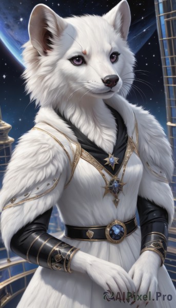 1girl,solo,breasts,looking at viewer,long sleeves,dress,animal ears,jewelry,standing,purple eyes,small breasts,sky,belt,artist name,signature,necklace,white dress,fur trim,night,animal,brooch,gem,star (sky),claws,furry,pendant,starry sky,colored sclera,fur collar,furry female,space,body fur,white fur,planet,fur,animal nose,whiskers,earth (planet),fluffy,closed mouth