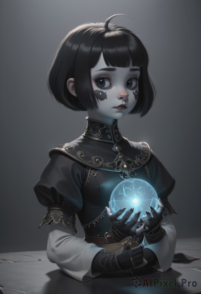 1girl,solo,breasts,looking at viewer,short hair,bangs,black hair,gloves,long sleeves,dress,holding,jewelry,closed mouth,upper body,ahoge,short sleeves,earrings,parted lips,black gloves,puffy sleeves,artist name,signature,blunt bangs,fingerless gloves,grey background,nail polish,black eyes,puffy short sleeves,lips,fingernails,gradient,gradient background,eyelashes,makeup,shadow,glowing,colored skin,facial mark,table,bob cut,lipstick,juliet sleeves,black nails,nose,red lips,magic,eyeliner,facepaint,grey skin,short over long sleeves,orb,mascara,wooden table,black dress,pale skin,high collar,paper,layered sleeves,facial tattoo,ink